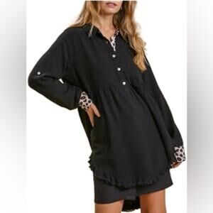 Umgee Black Animal Leopard Print Linen Blend Oversized Shirt Dress Small